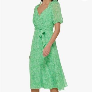 DKNY Women's Chiffon 3/4 Balloon Sleeve V-Neck Tie Waist Faux Wrap Midi Dress